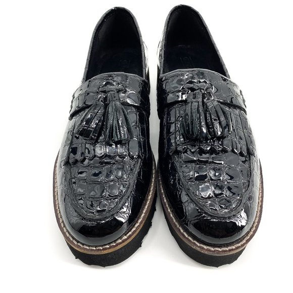 ASOS DESIGN Croc Meze Chunky Fringed Patent Leather Loafers - Picture 1 of 16